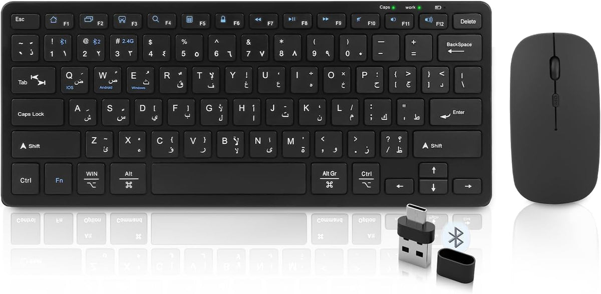 Arabic/English Portable/Travel/Small Wireless Keyboard and Mouse Combo,3 IN 1 Bluetooth 3.0 &5.0 & 2.4 GHz Wireless,Rechargeable Silent Mouse Keyboard,Multi-Device for PC/Laptop/Desktop/Phone,Black