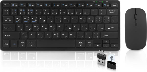 Arabic/English Portable/Travel/Small Wireless Keyboard and Mouse Combo,3 IN 1 Bluetooth 3.0 &5.0 & 2.4 GHz Wireless,Rechargeable Silent Mouse Keyboard,Multi-Device for PC/Laptop/Desktop/Phone,Black
